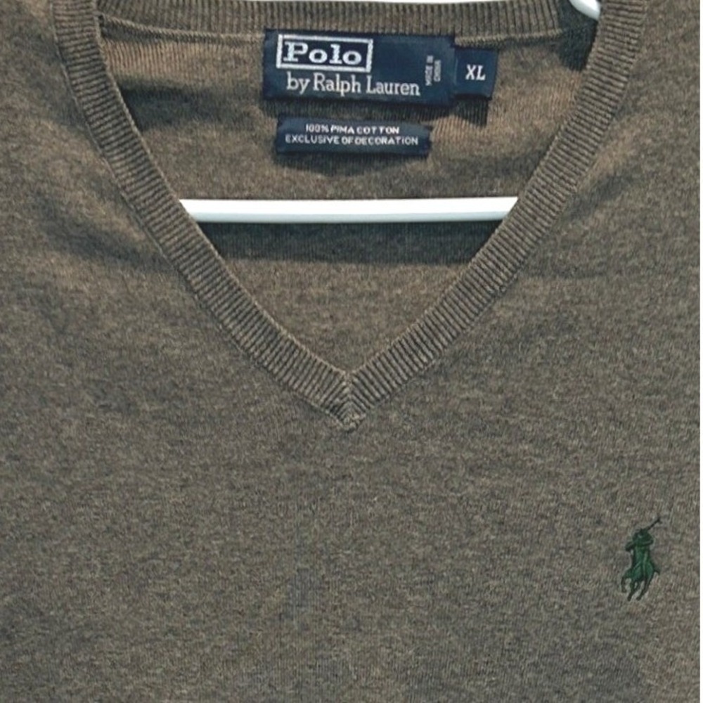 Polo Ralph Lauren V-Neck Sweater M Mens Brown 100% Pima Cotton Long Sleeve Pony